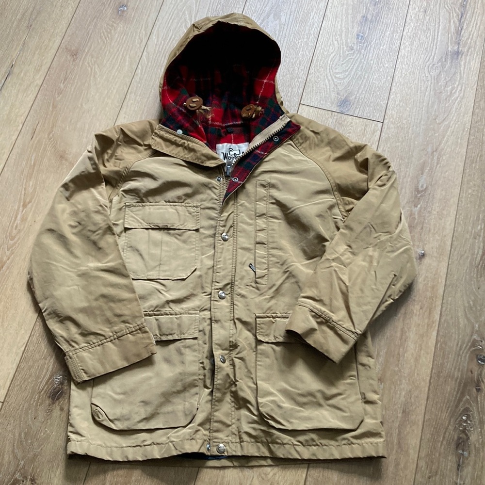 Vintage Woolrich Tan Plaid Wool Lined Rain Jacket Women’s Medium M Hoode…